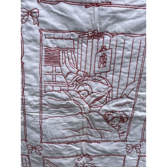 Kids Santa Christmas Throw Wall Hanging Red Work Embroidery Retro 1920s Style - Picture 6 of 10